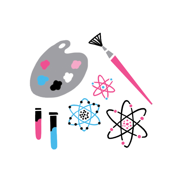 illustration showing symbols of science and art