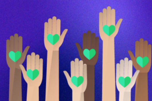 llustration of hands raised with heart icons