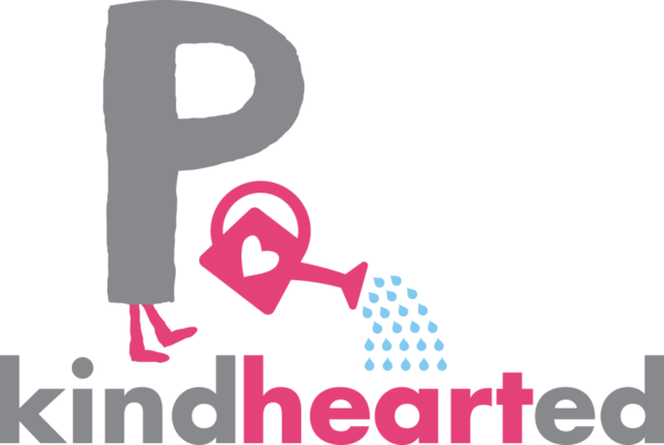 Pablove P with feet logo sprinkling a watering can on the word heart within the larger word kindhearted