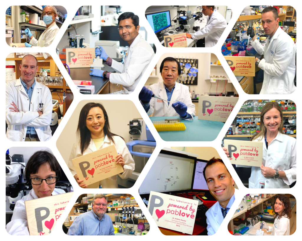 collage-of-researchers individual portraits of several of the cancer research doctors in their labs that were powered by pablove grants