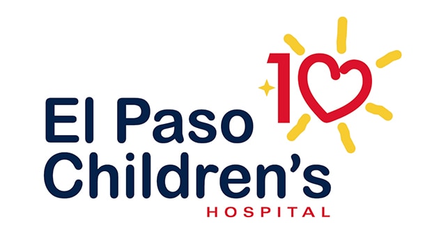 El Paso Children‘s large with hospital in small red capital letters and a heart with sun rays and a 1 in front to look like the number 10